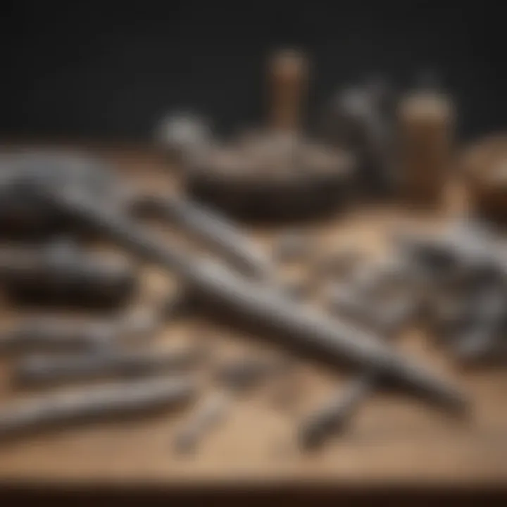 Various rock-breaking tools displayed on a wooden table