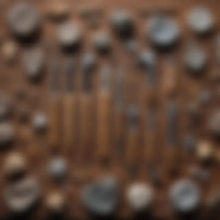 An array of essential tools used in mineral collection displayed on a wooden surface.