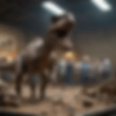 An auction scene featuring dinosaur fossils with enthusiastic bidders.