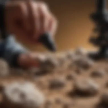 Paleontologist examining coprolites under microscope