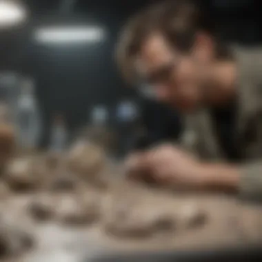 A researcher studying fossils in a lab environment