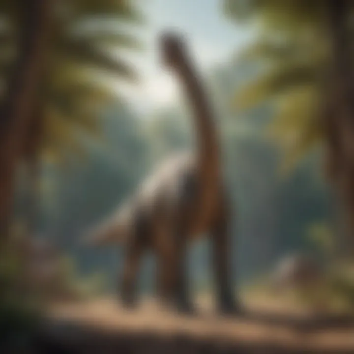 Historical illustration depicting the Brachiosaurus in its natural habitat