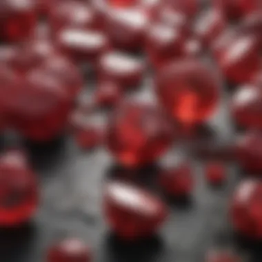 A comparison of different red gemstones with identifying characteristics labeled