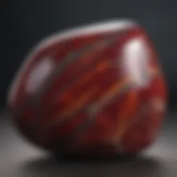 Close-up view of a polished red tigerseye stone, showcasing its unique chatoyancy