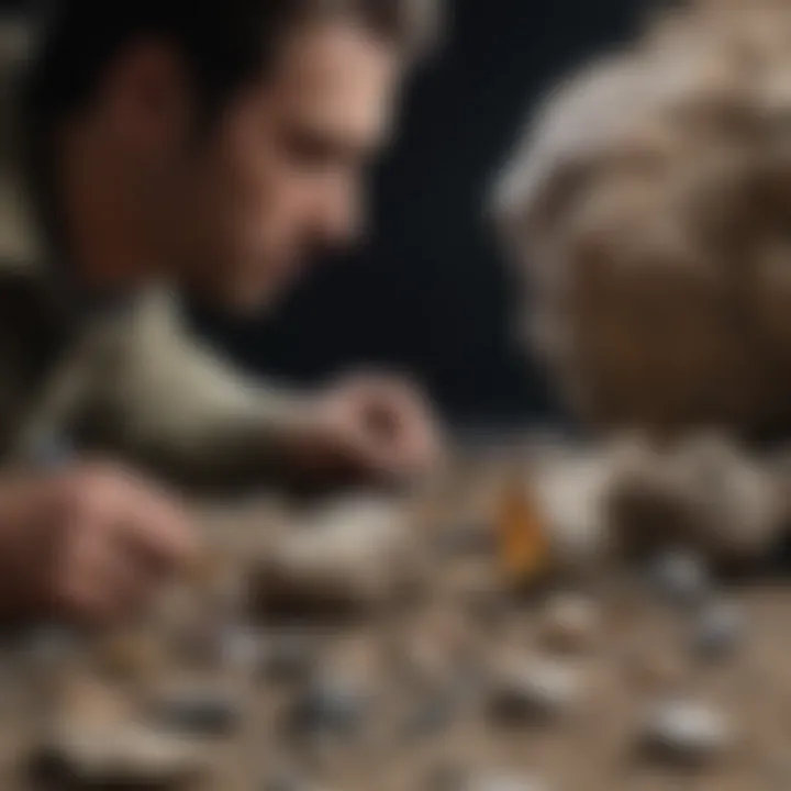 A detailed shot of a geologist examining a rock specimen with tools and equipment