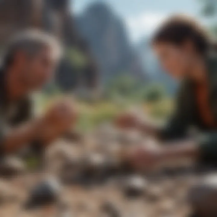 An outdoor scene of rock collectors examining various specimens in nature