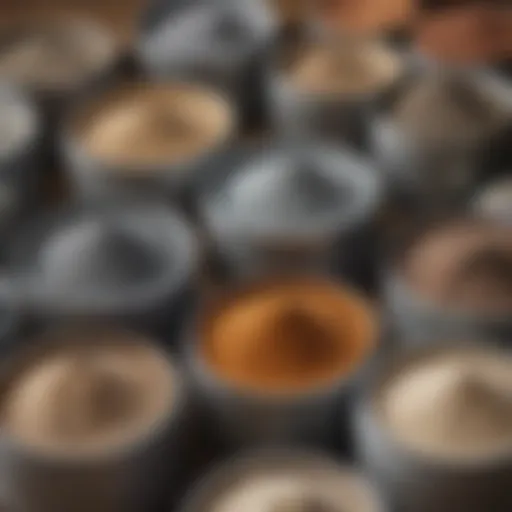 Close-up view of various rock polishing powders in different containers