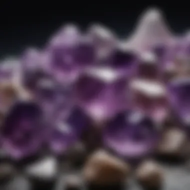 A display of various amethyst stones, with Siberian Amethyst prominently featured among them.