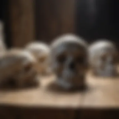 Display of various skull-shaped crystals on a wooden surface