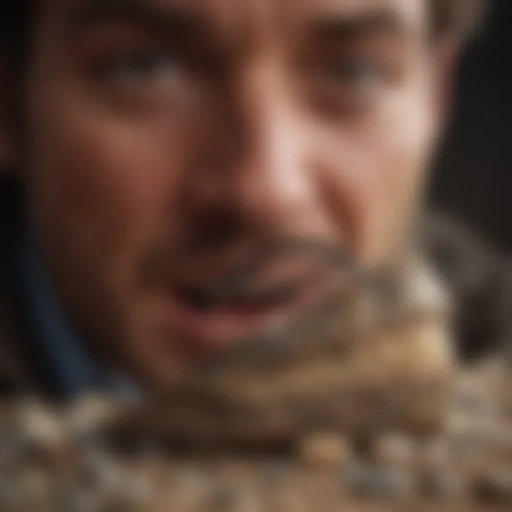 A professional examining dinosaur teeth with a magnifying glass