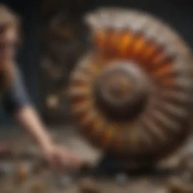 An expert examining a polished ammonite fossil under natural light