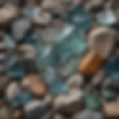 Close-up shot of beautifully weathered glass fragments surrounded by natural stones