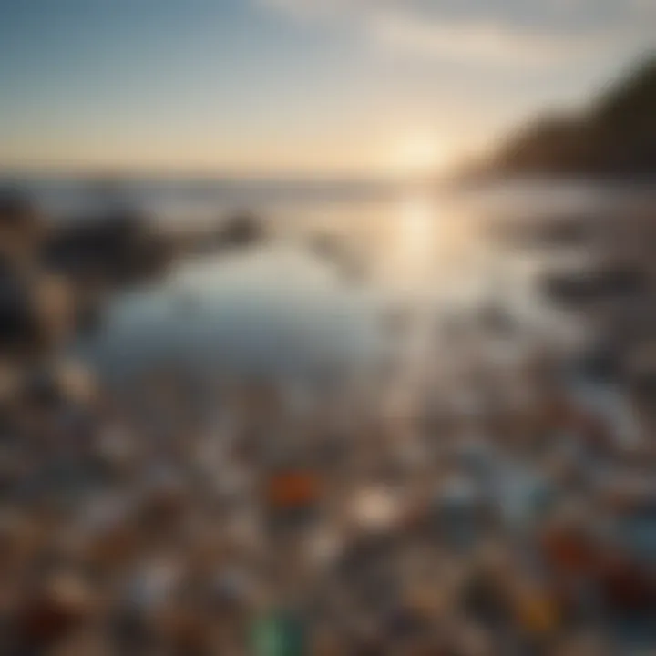 Visitors exploring the unique textures and colors of a glass beach at sunset