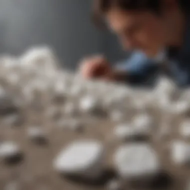 Geologist examining white sparkly rocks in a lab environment