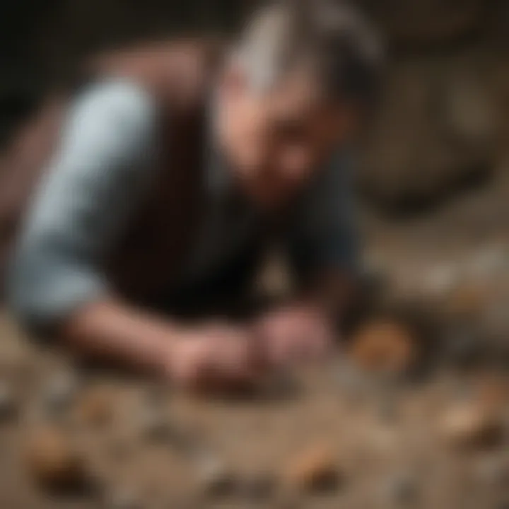 A collector meticulously examining an ammonite specimen