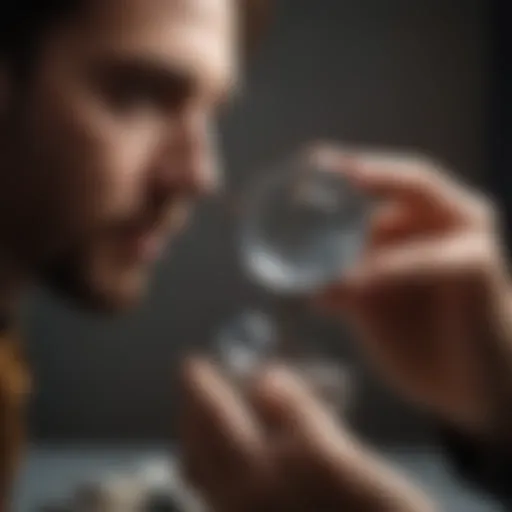 Close-up of a jeweller using a magnifying glass to examine a gemstone