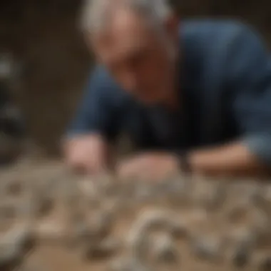 Expert examining a collection of shark teeth fossils