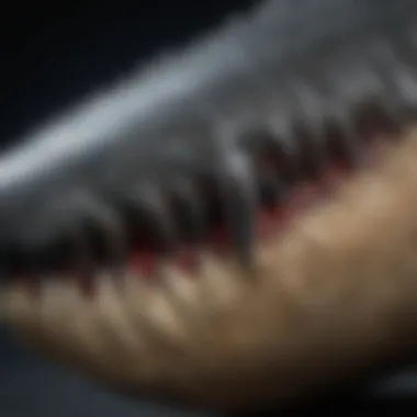 Detailed Serrations of Megalodon Tooth Close-up view of megalodon tooth serrations highlighting its predatory efficiency
