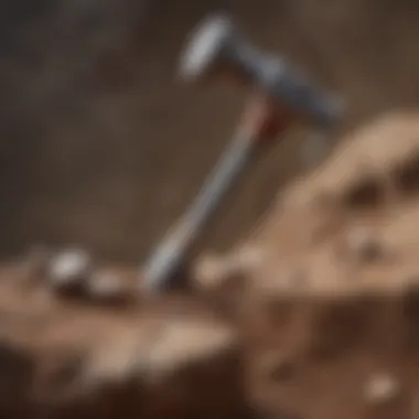 Close-up view of a geology rock hammer on a rock surface