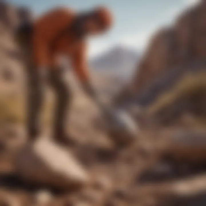 A geologist using a rock hammer in a field setting