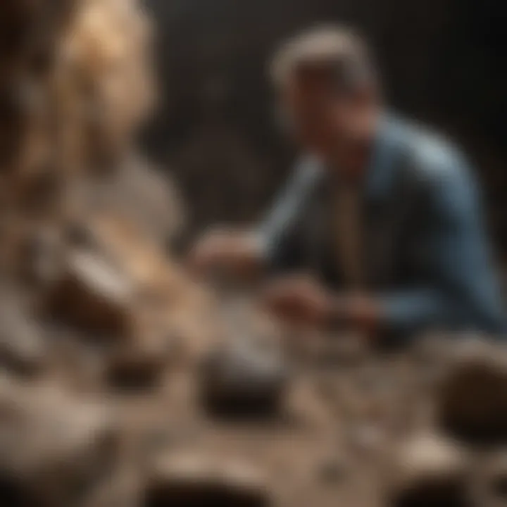 Crystal collector examining specimens in a well-organized display