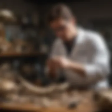 A paleontologist studying dinosaur bones in a laboratory