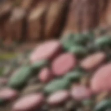 Artistic Arrangement of Pink and Green Rocks An artistic arrangement of pink and green rocks set against a natural backdrop