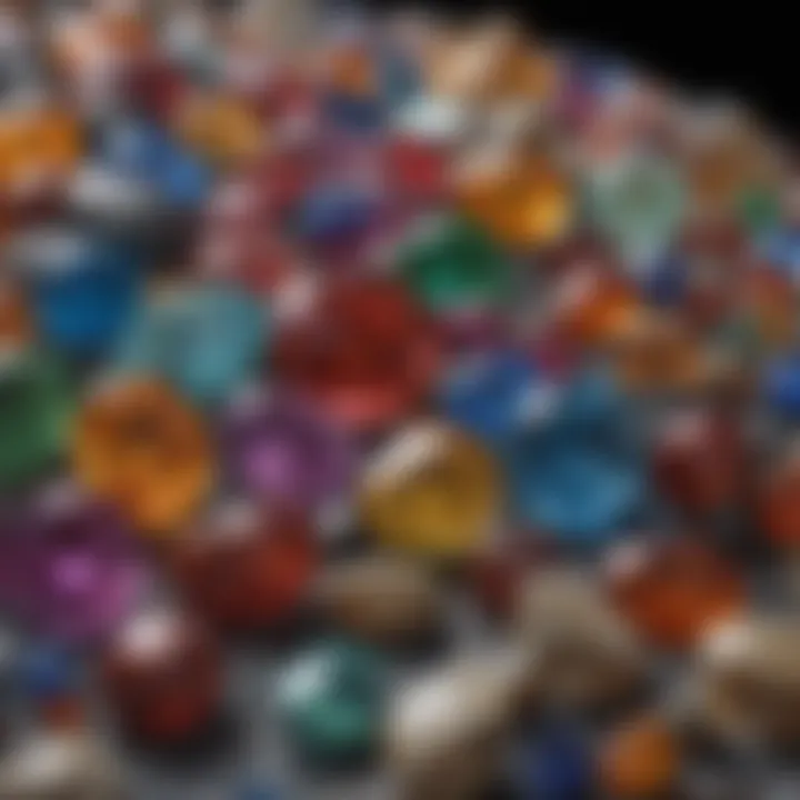 Various gemstones displayed on a polished surface, showcasing their colors and textures.