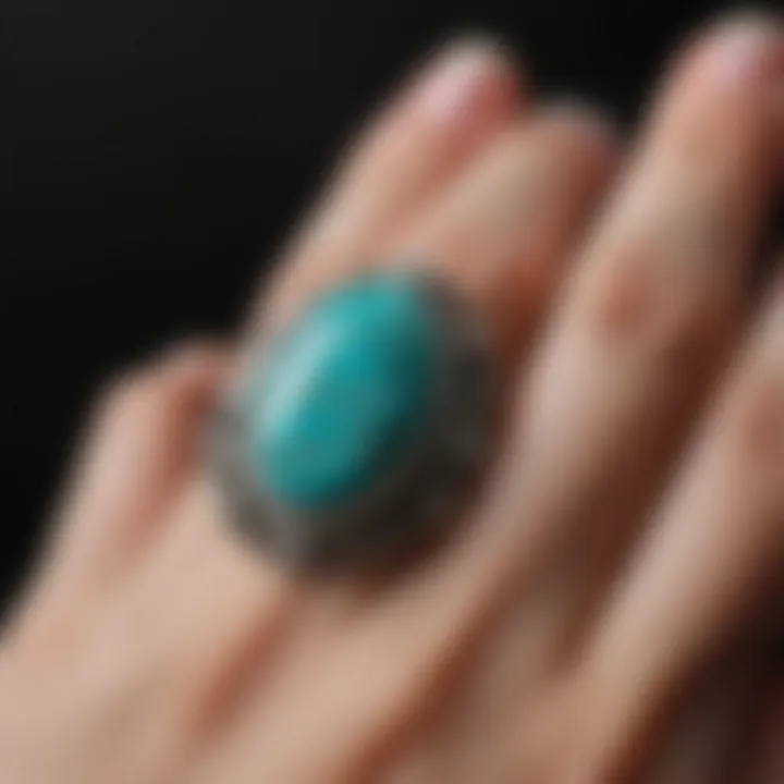 Close-up of a turquoise ring revealing its unique patterns and hues