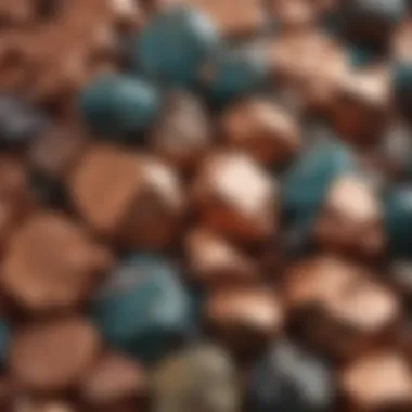 Close-up view of different copper minerals highlighting their unique textures.