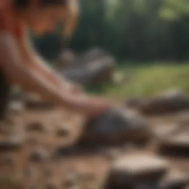 A person examining a rock under natural light