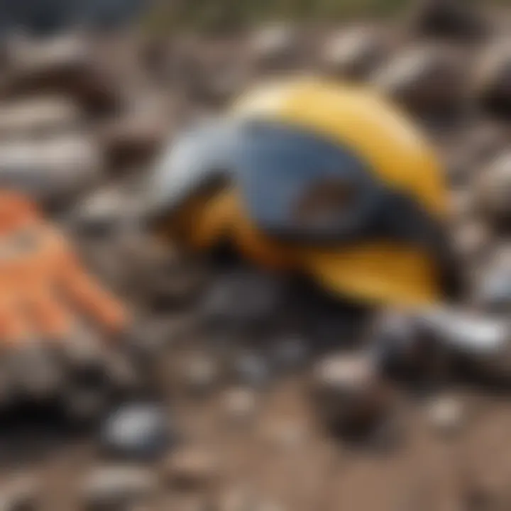 Safety gear including goggles and gloves for rock collecting