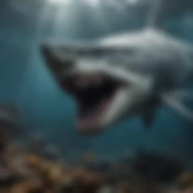 An illustration depicting the historical context of the megalodon in prehistoric oceans, with an artistic representation of the creature in its habitat.