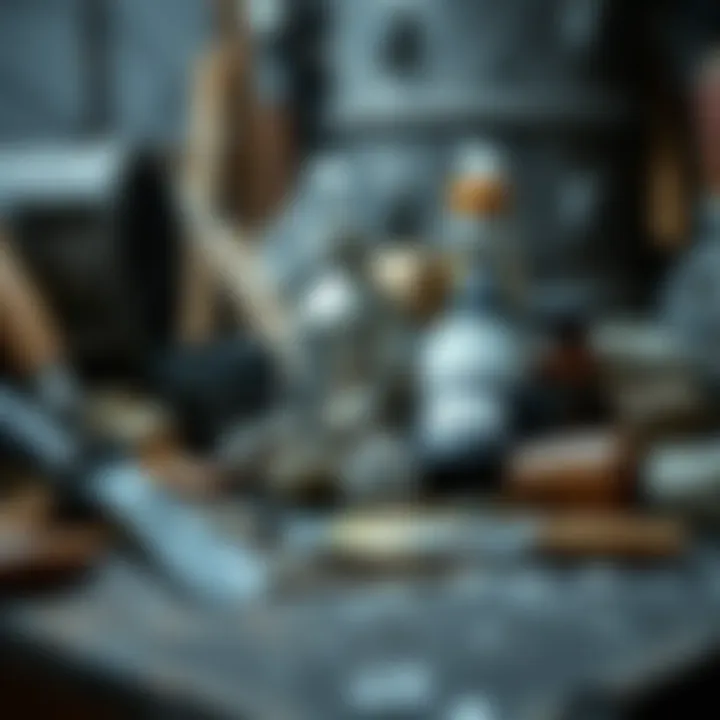 Artistically arranged tools and materials used for maintaining and operating a rock tumbler.