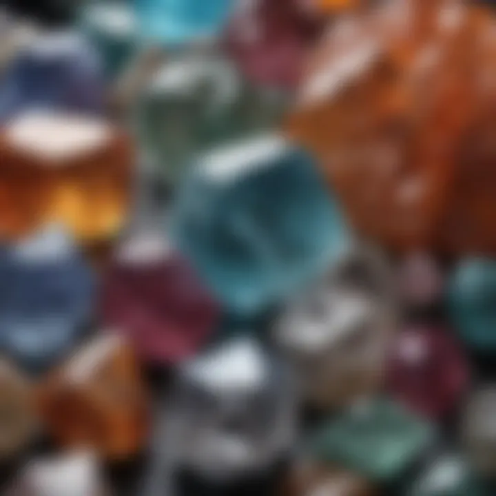 A close-up view of various crystals showcasing their unique colors and textures