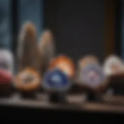 A beautifully arranged display of various geodes on elegant stands