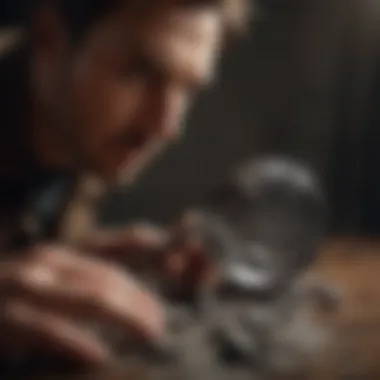 An expert examining a meteorite under a magnifying glass, highlighting its intricate details.