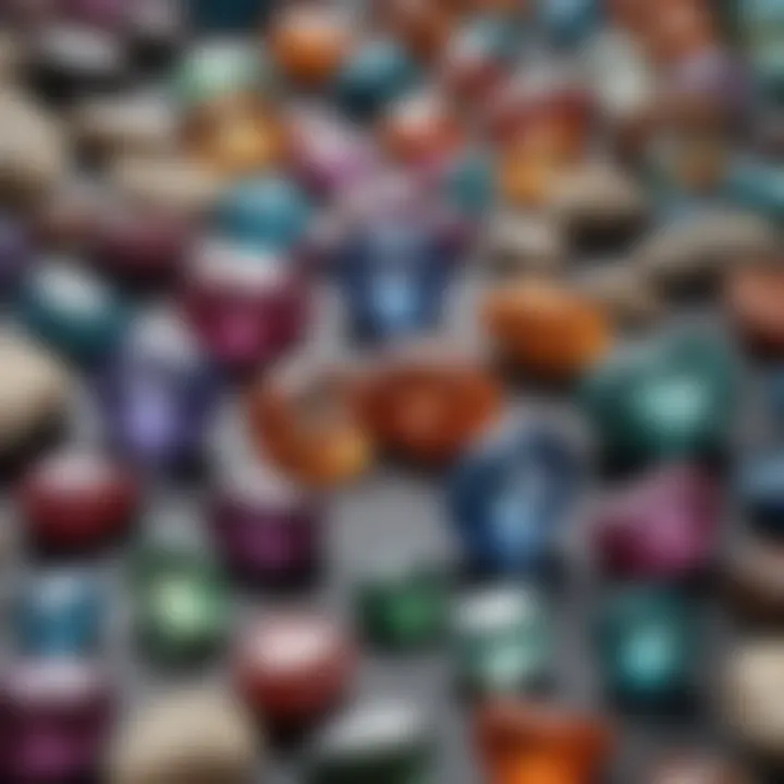 An array of polished gemstones, illustrating the effects of various polishing techniques.