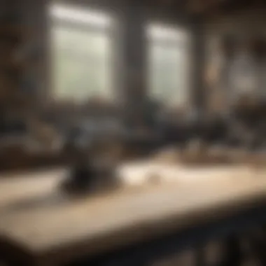 An organized workspace with rock sanding tools and safety equipment.