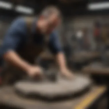 A technician operating a rock slab polisher in a workshop