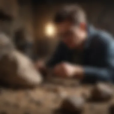 Rock Enthusiast Examination An enthusiast examining a named rock specimen under natural light