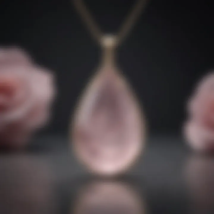 Detailed view of a rose quartz pendant reflecting light