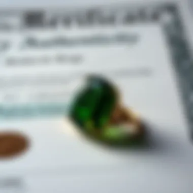 Close-up view of a certificate verifying the authenticity of a moldavite ring