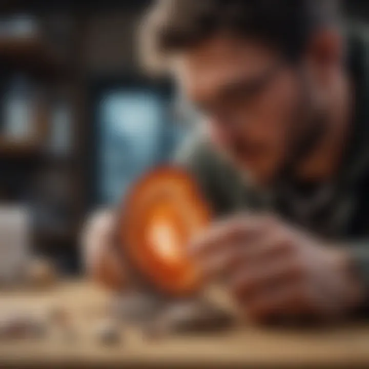 An enthusiast examining a rare agate specimen under natural light