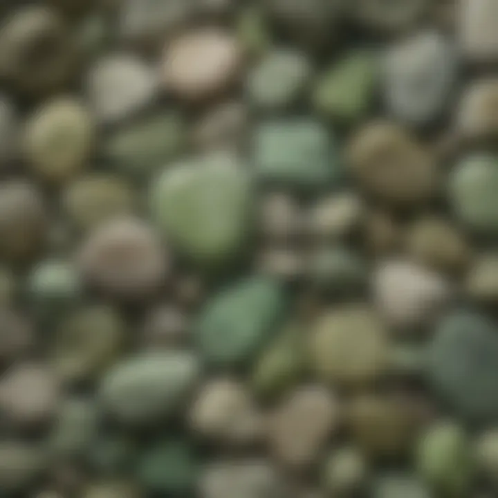 An assortment of various light green rock specimens arranged aesthetically.