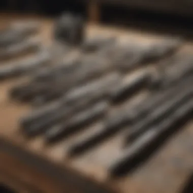 A variety of carbide rock chisels arranged on a workbench ready for use