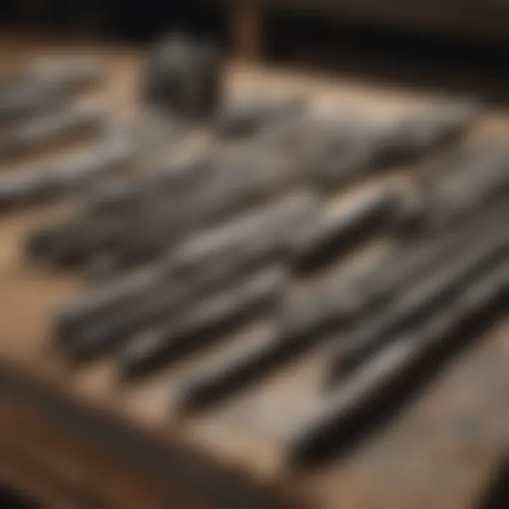 A variety of carbide rock chisels arranged on a workbench ready for use