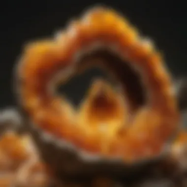 Close-up of citrine crystals sparkling inside a geode.